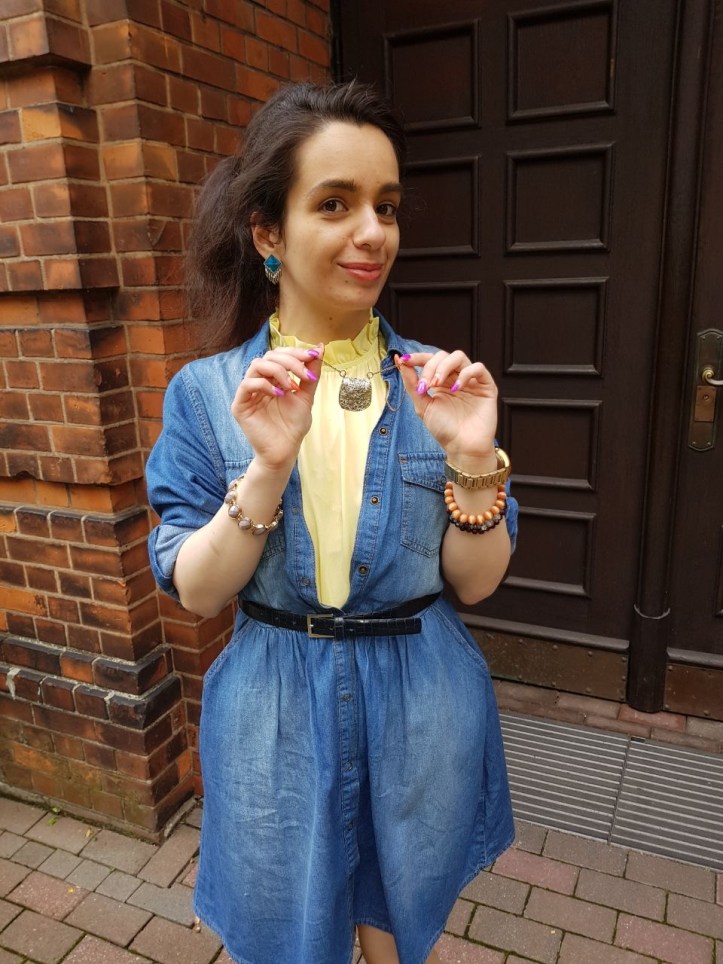 yellow on denim look showing bag pendant necklace