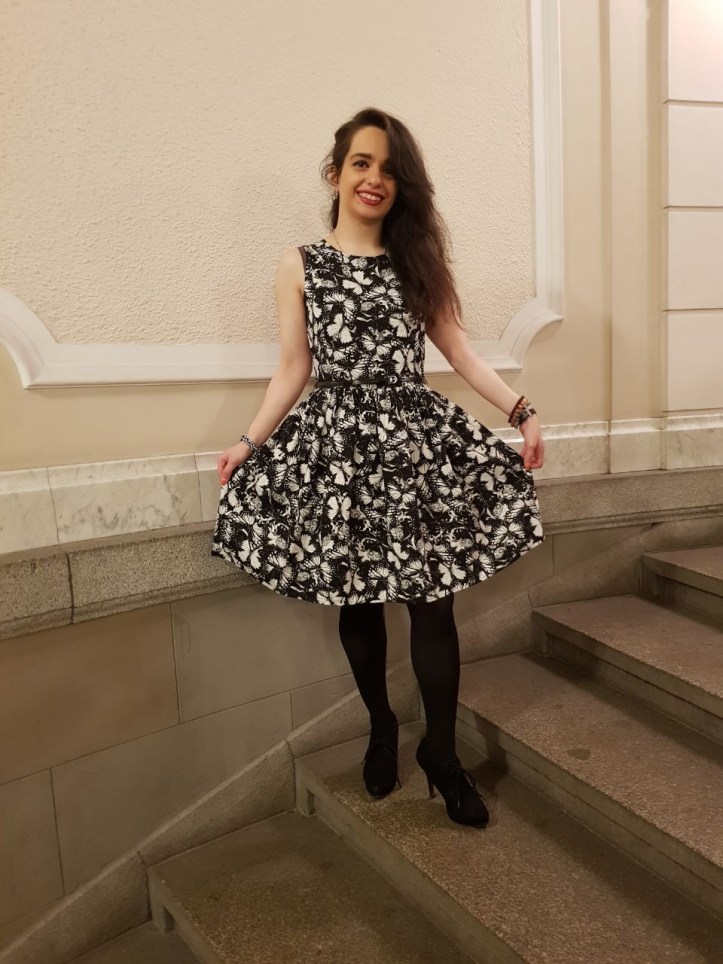 A butterfly dress in black and white.