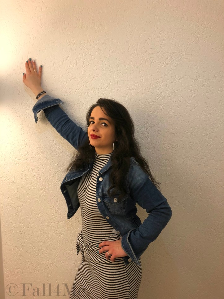 Fall4Me style light denim over black stripes on white