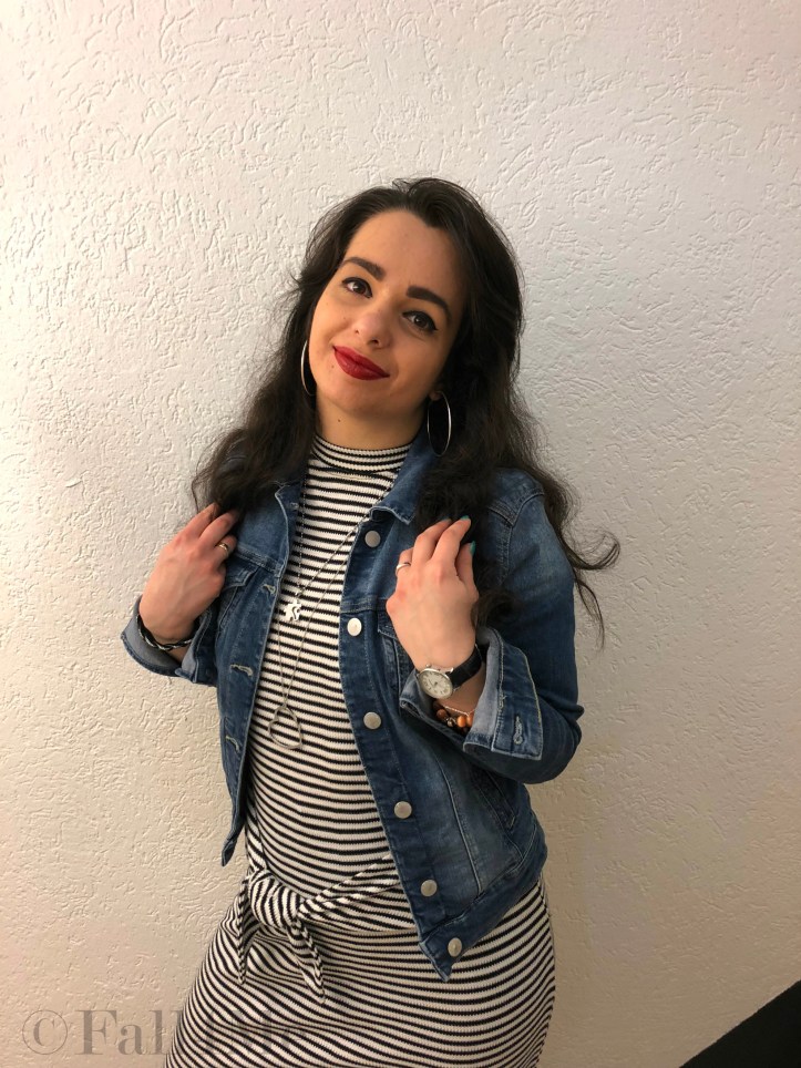 Fall4Me style light denim over black stripes on white