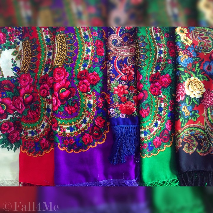 Russian scarves in different colors.