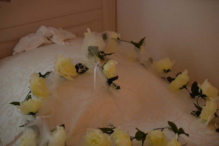 Wedding decor on the bride's bed