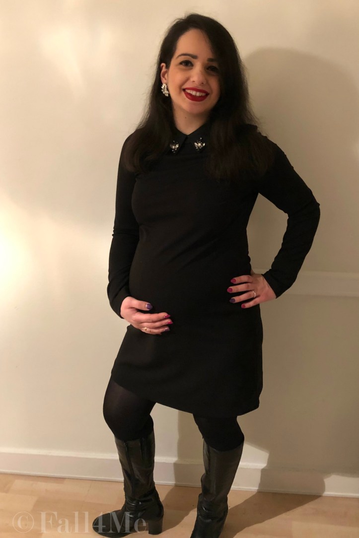 A little black dress with silver details and red lips