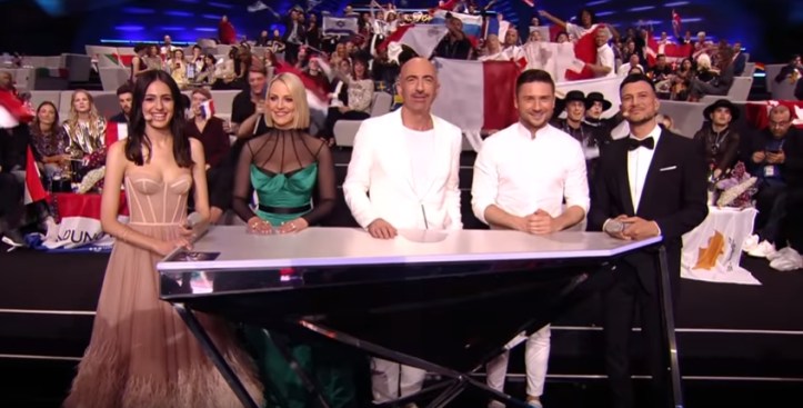 Tamara Todevska, Serhat and Sergey Lazarev between two of the four Israeli hosts