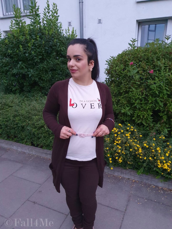 Brown with soft rose accents casually worn