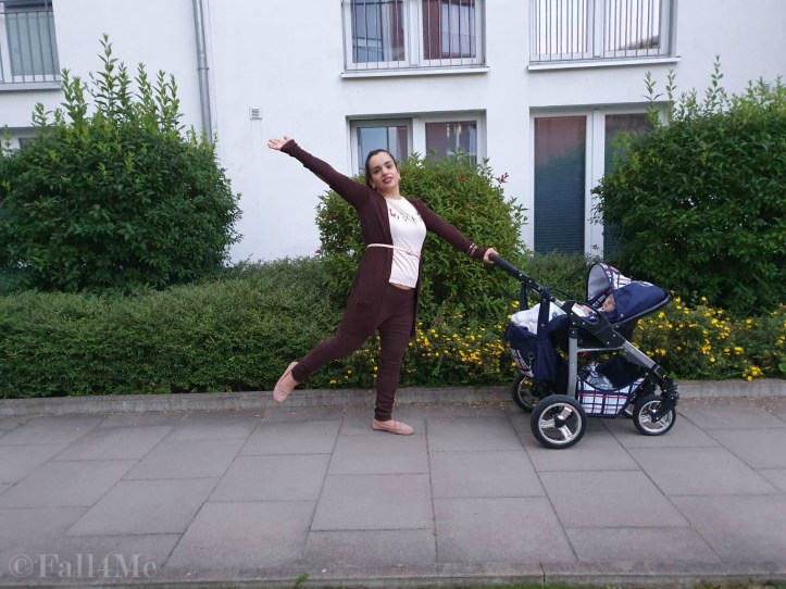 Brown with soft rose accents casually worn
