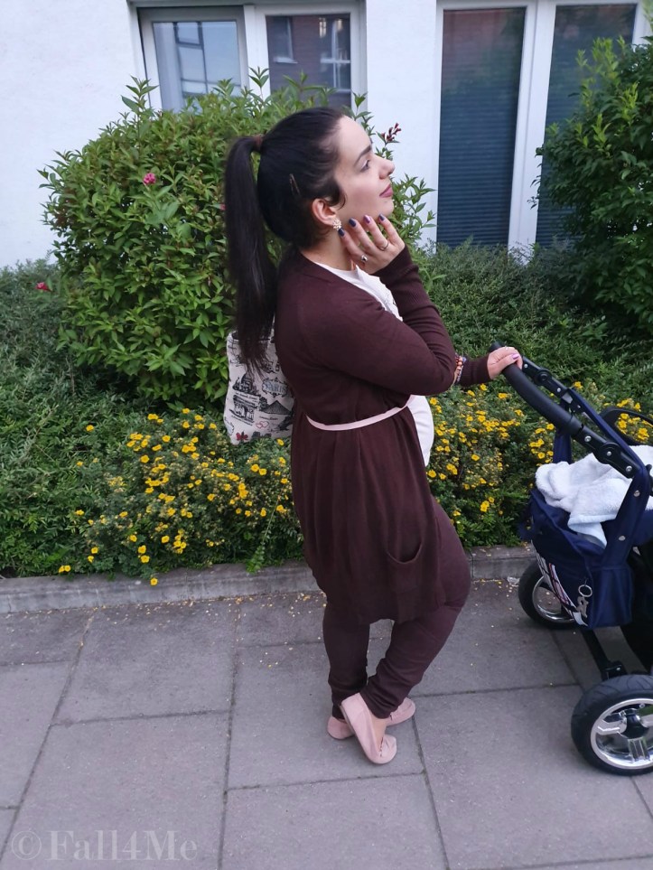 Brown with soft rose accents casually worn