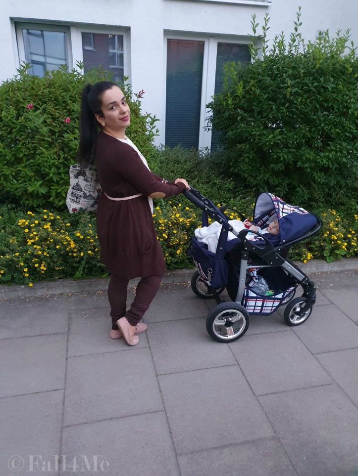 Brown with soft rose accents casually worn