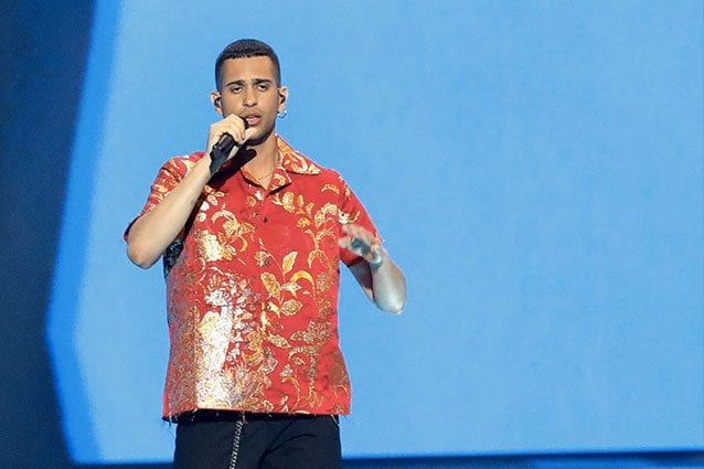 Mahmood performaning on the stage of the Grand Final of the Eurovision Song Contest