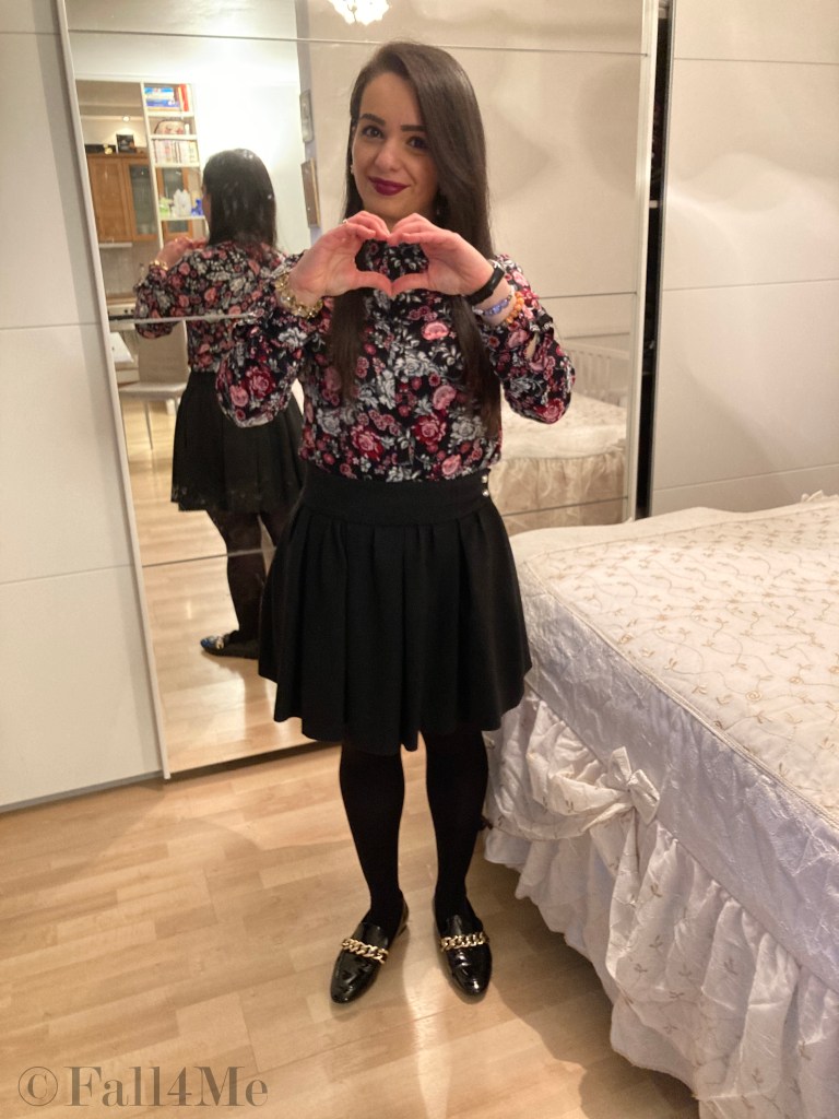 Deep floral print on black is the look to wear on Valentine's Day.