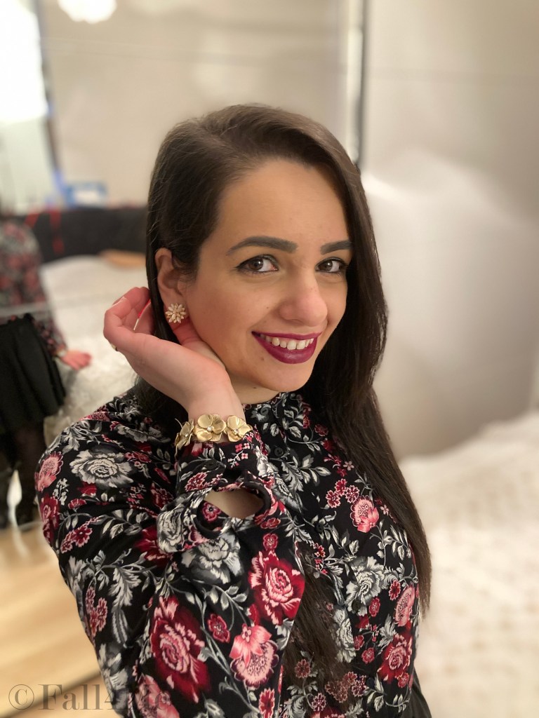 Deep floral print on black is the look to wear on Valentine's Day.