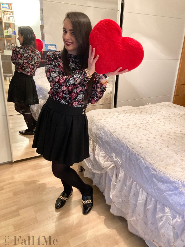 Deep floral print on black is the look to wear on Valentine's Day.