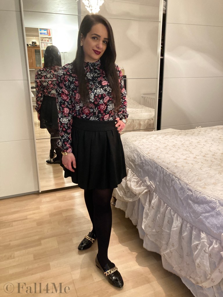 Deep floral print on black is the look to wear on Valentine's Day.