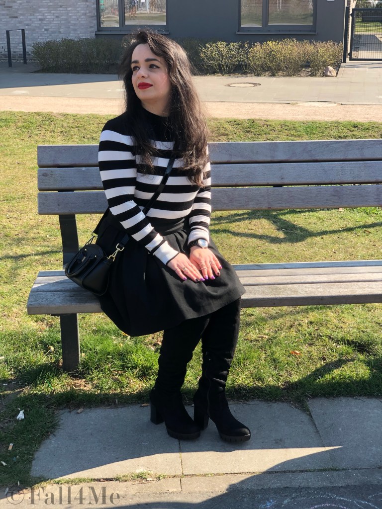 Black and white worn with a red accent and block heels.