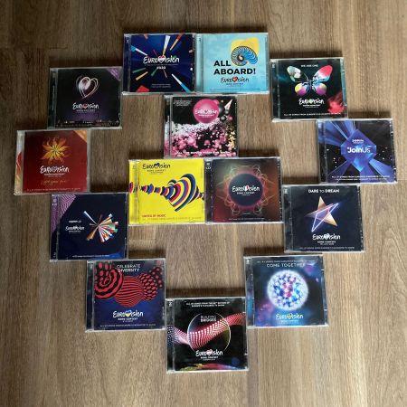 The Eurovision CDs from the passed thirteen years formed into a peace-sign.