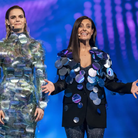 Hazel Brugger and Sandra Studer in their outfits for Eurovision 2025 semi-final 2
