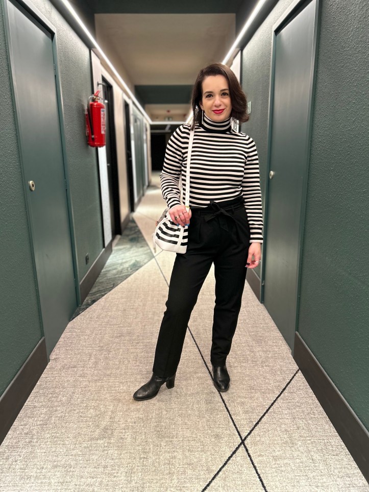 Monochrome stripes with a red lipstick.