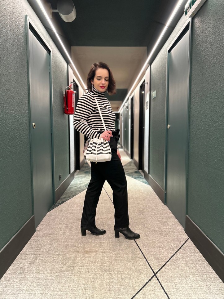 Monochrome stripes with a red lipstick.