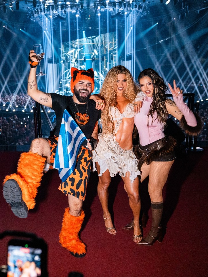 Winner Dara with Akylas, who danced in the background after her victory and Antigoni ©Eurovision